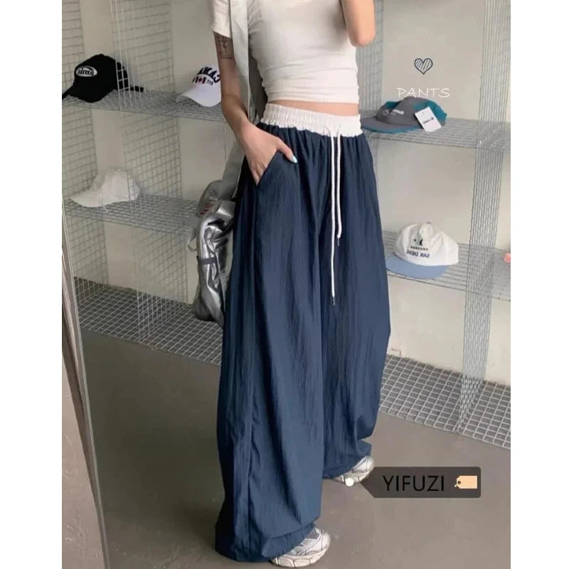 Chic Matching Loose Women's Wide Leg Pants Elastic Waist Drawstring