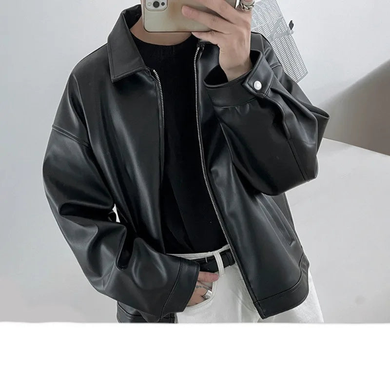 Black PU Leather Oversized Coats Collar Zip-Up