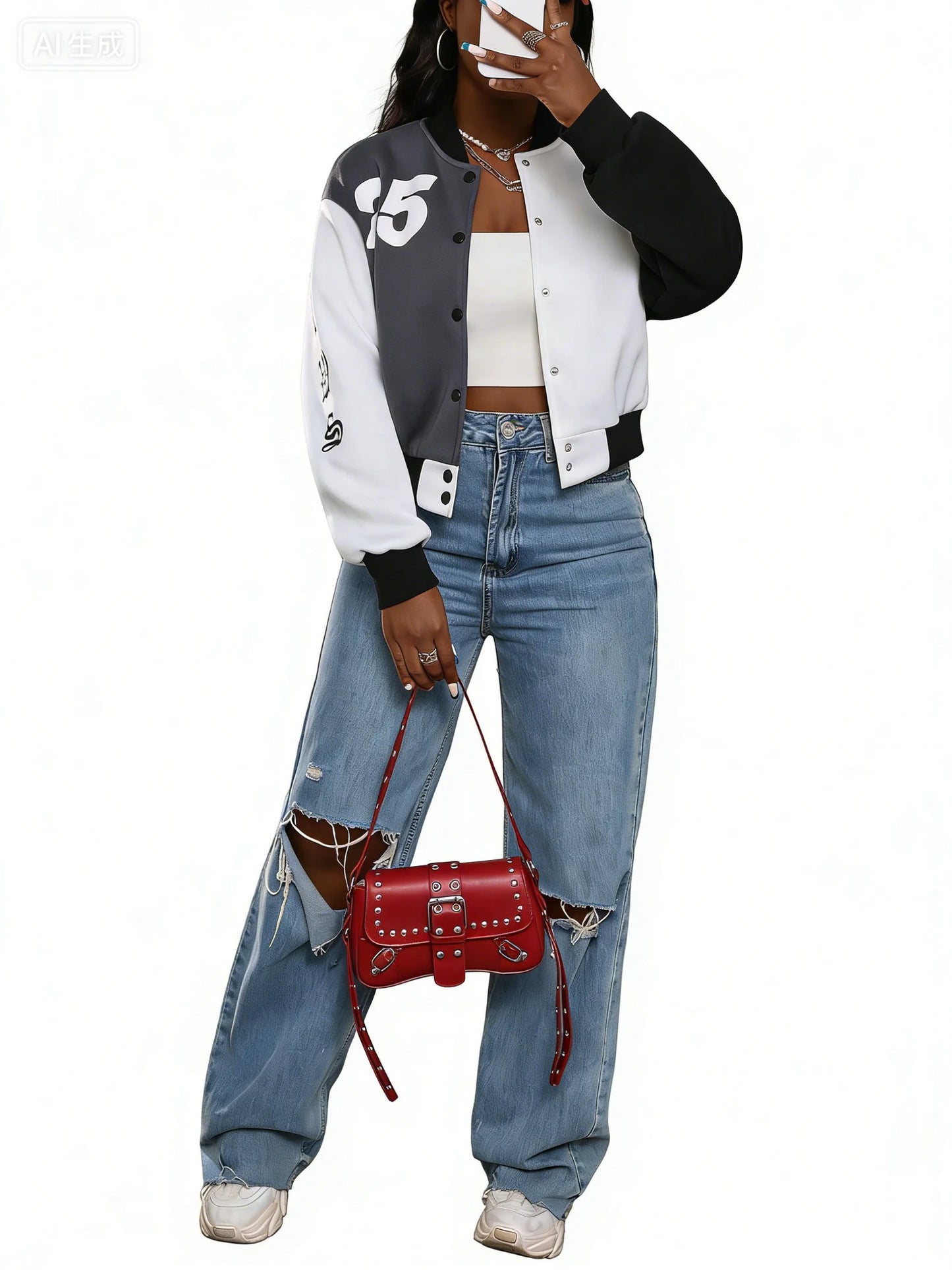 Women's Trendy Varsity Jackets Knitted Baseball Coats with Button Front Pockets