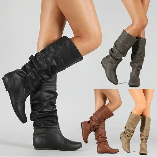 Women Leather Boots Fashion Pleated Wedge Long Boots Round Toe
