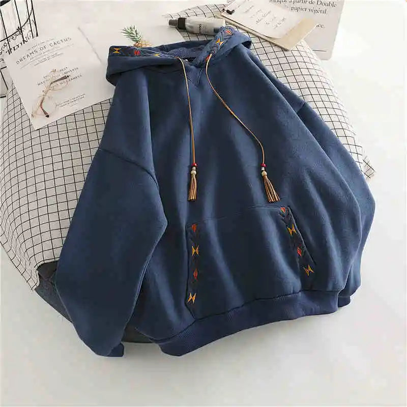 Women's Hoodie Drawstring Tassel Exquisite Embroidery Large Pocket Thick Pullover