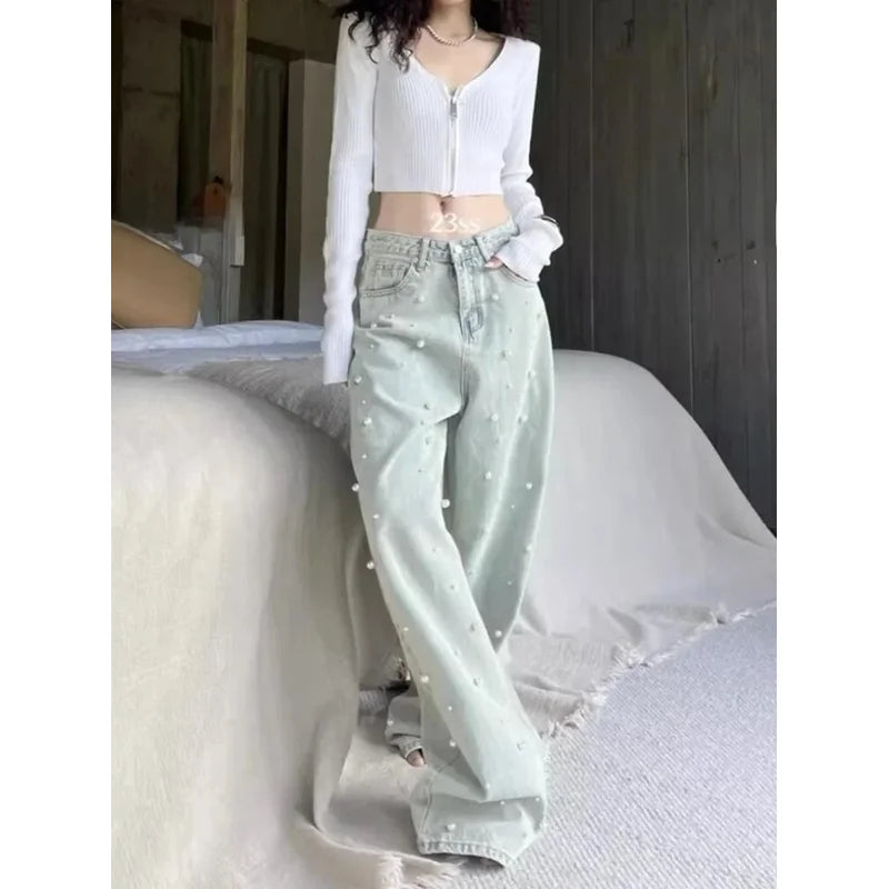 Jeans for Women  Heavy Industry Beads Retro Washed High Waisted Jeans
