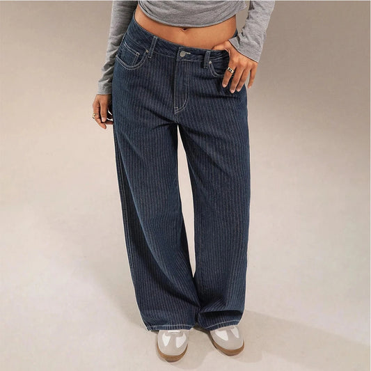 Women Mid Waist Jeans Wide Leg Trousers