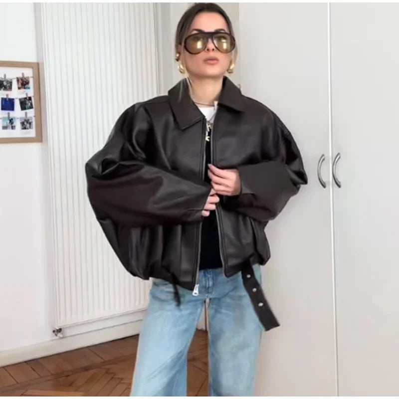 Vintage Leather Bomber Jackets Zipper Lapel Long Sleeve Pocket Coat With Belt