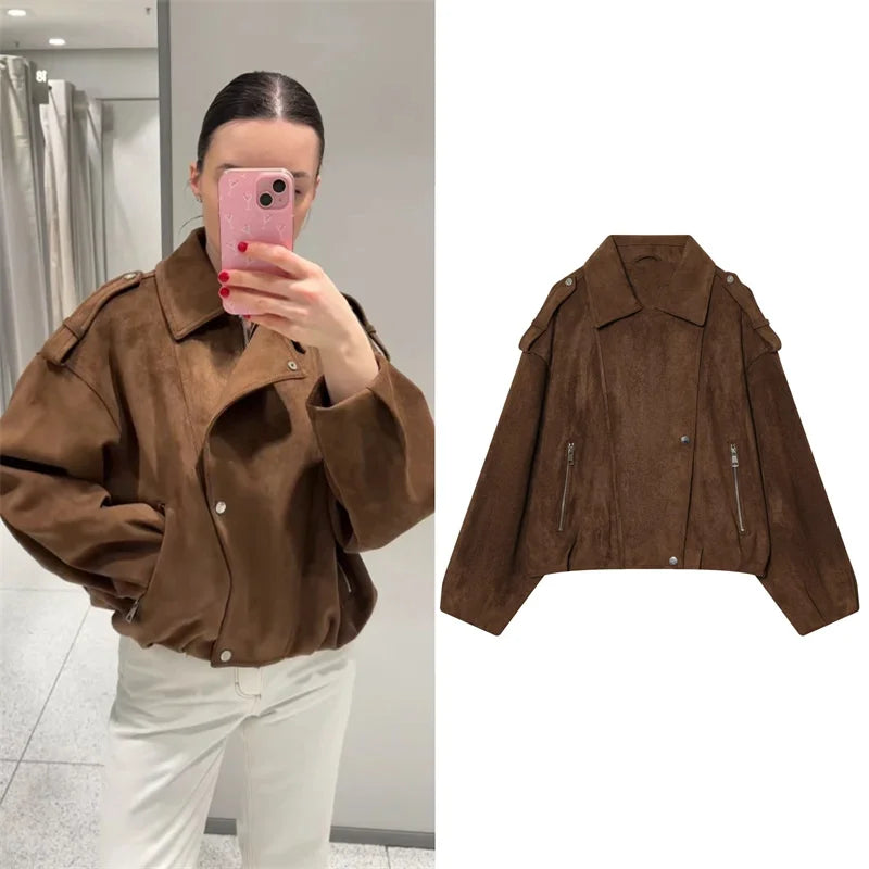 New Style Brown Long Sleeve Suede Effect Loose Biker Style Jacket