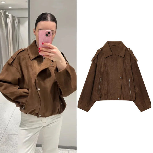 New Style Brown Long Sleeve Suede Effect Loose Biker Style Jacket