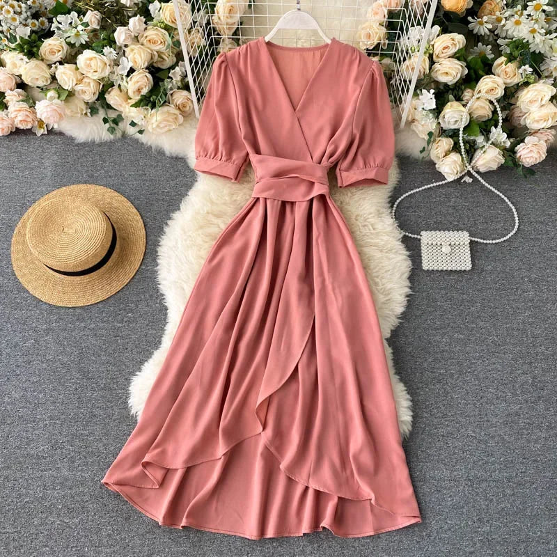 New Temperament V-neck Solid Color Bubble Short-sleeved Dress