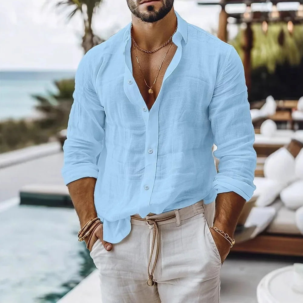Cotton Linen Shirt for Men Summer Beach Style