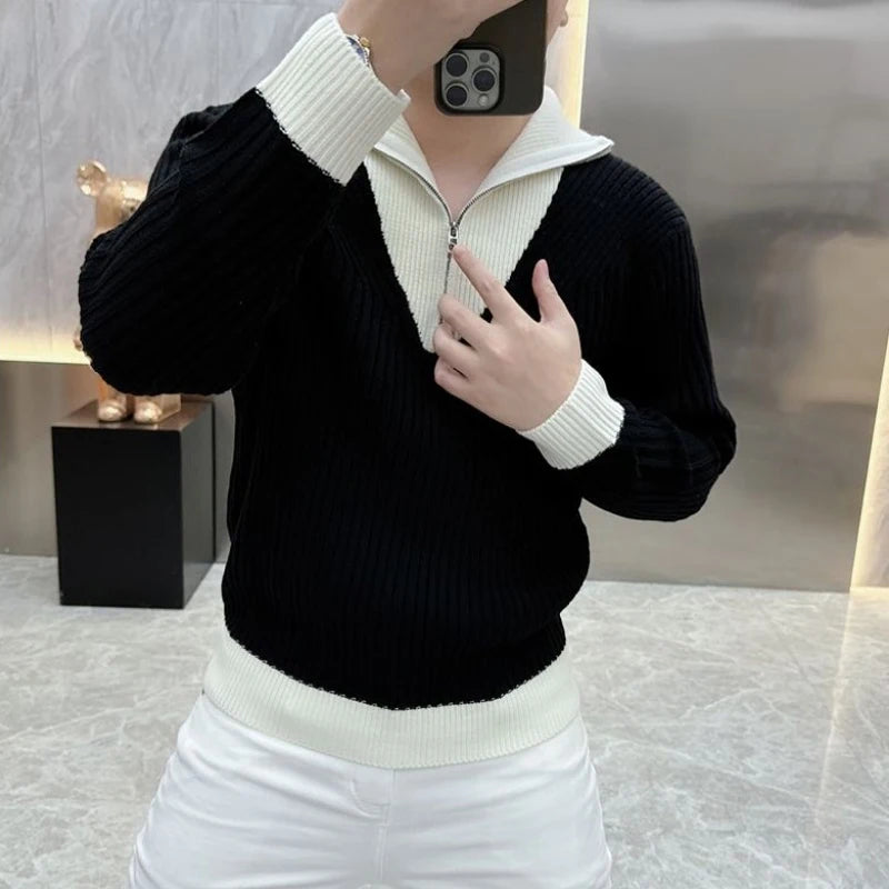 Black White r Business Casual Knitted Sweater Half Zipper Polo