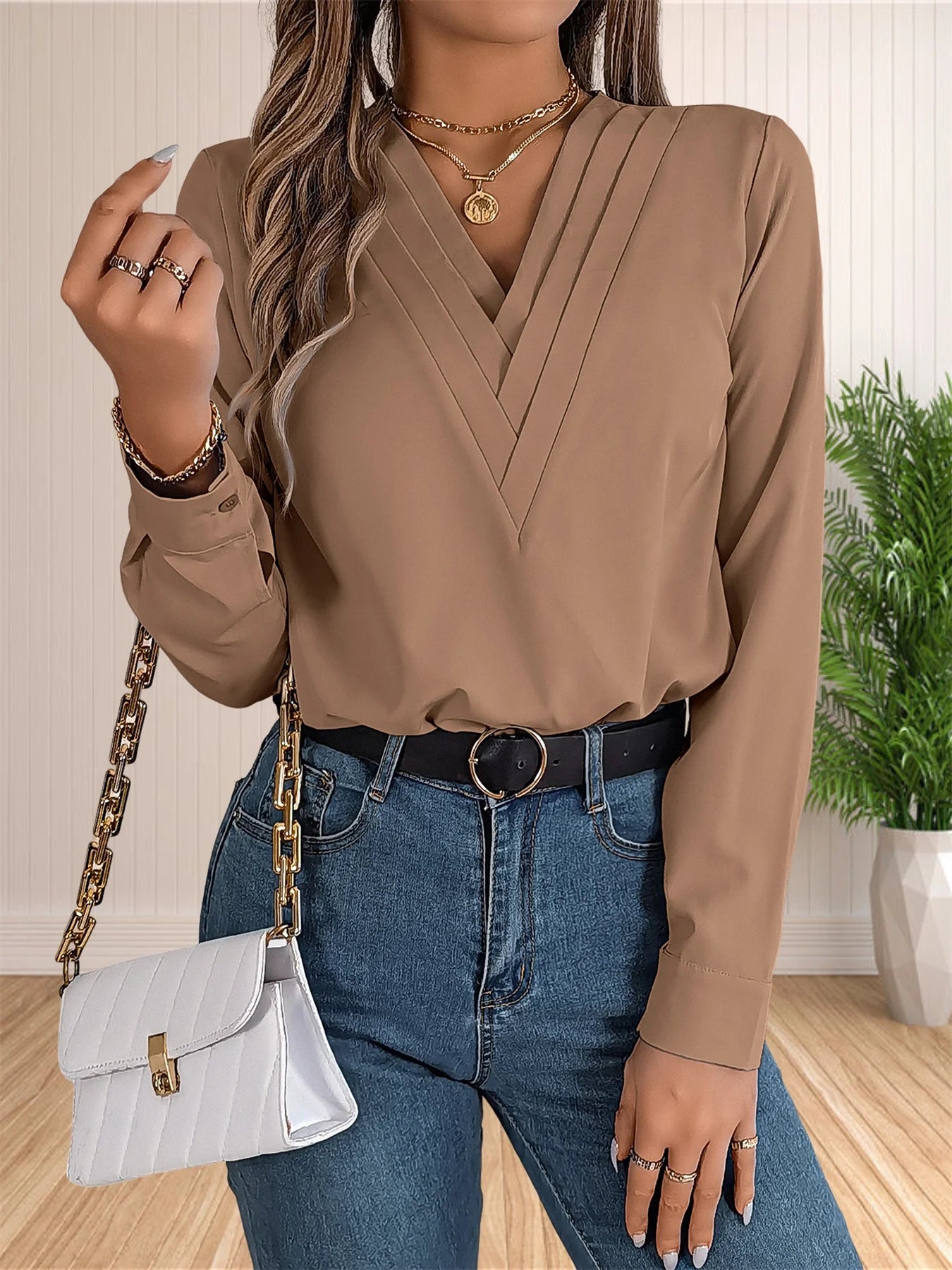 Business Office Blouse Layered V Neck Long Sleeve