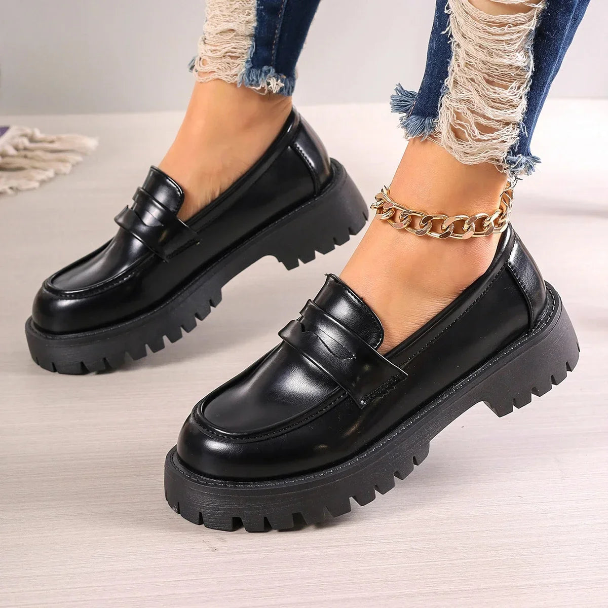 Casual Platform Loafers  Leather Shoes Comfort Slip On Flats