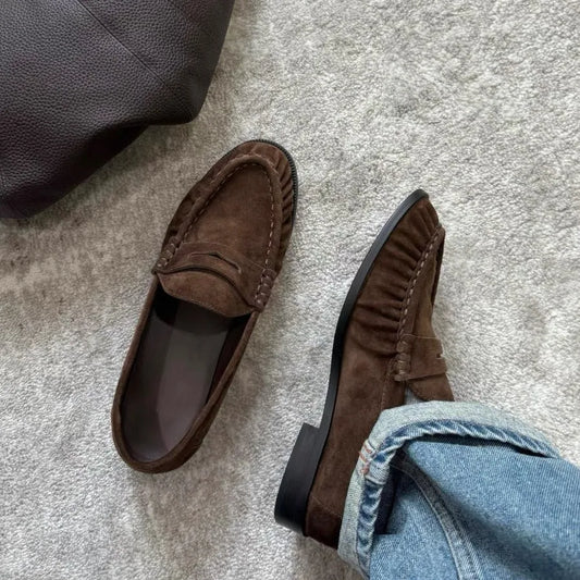 Women's Elegant Slip-On Loafers Ruched Detail Premium Suede Leather Flat Casual loafer