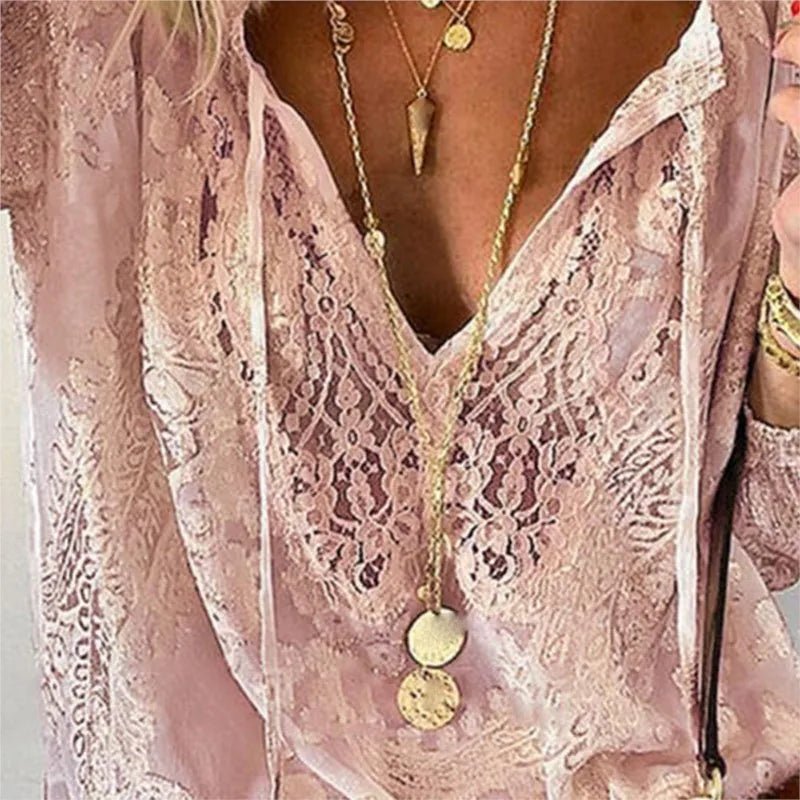 Women's Blouses Boho Lace Hollow Out Deep V Neck Pullover Shirt