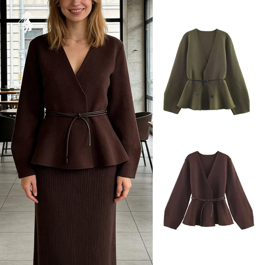V Neck Tie Waist And Flared Hem Knitwear Top