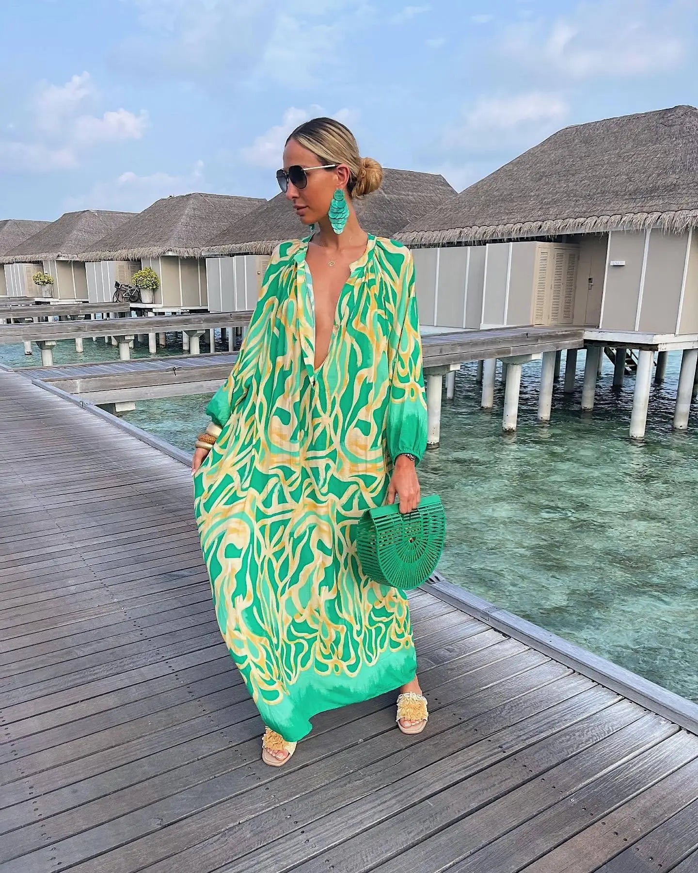 Casual Fashion Print V-Neck Loose Retro Comfortable Maxi Dress