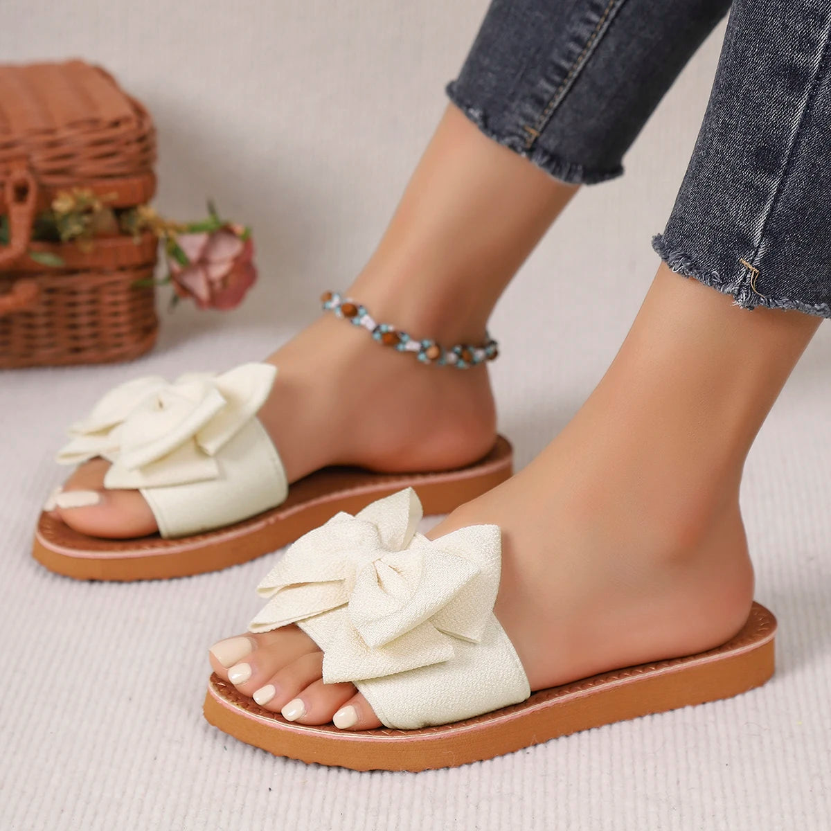 Women's Bow Decor Flat Slide Sandals Casual Open Toe Slip On Slippers