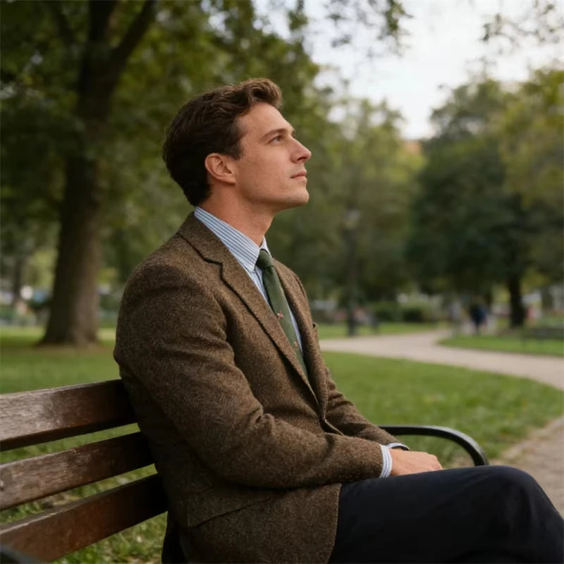 New Men's Vintage Herringbone Blazer Casual Business Suit