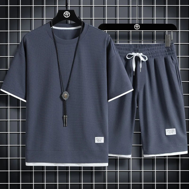 Men's Summer Waffle Set Brand Fashion Casual T-shirt
