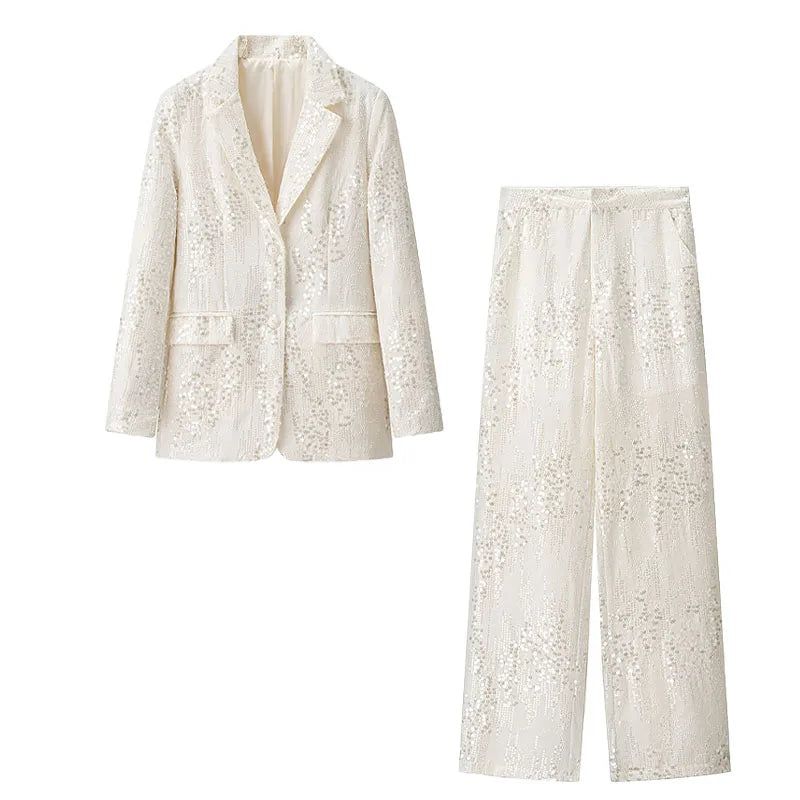 Turn-Down Collar Pockets Single-Breasted Blazers+High Waist Zipper Trousers