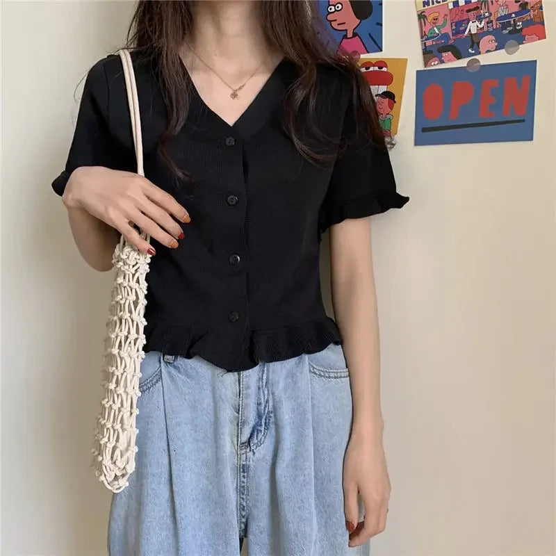 Women's Knitwear  Top V-neck Short-Sleeved