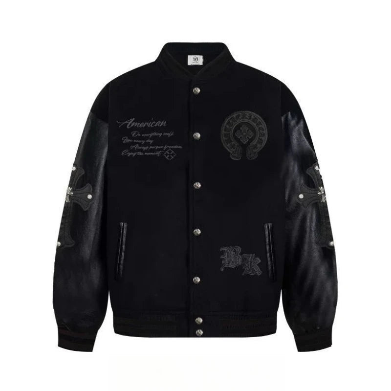 High Street Embroidered Bomber Jacket Men Spliced PU Leather