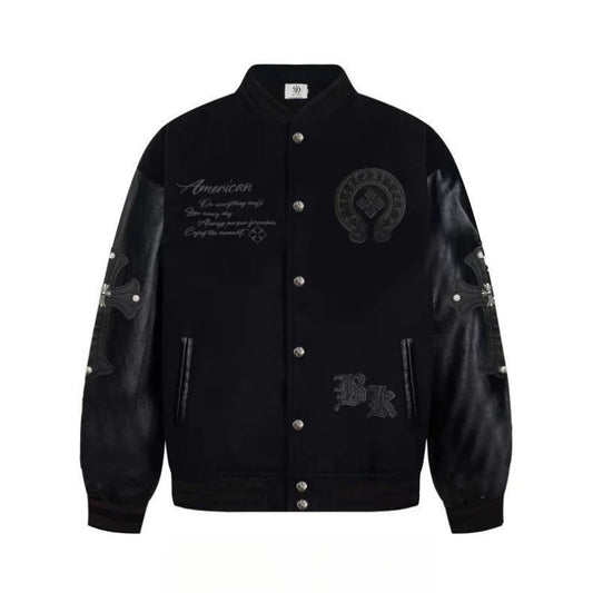 High Street Embroidered Bomber Jacket Men Spliced PU Leather