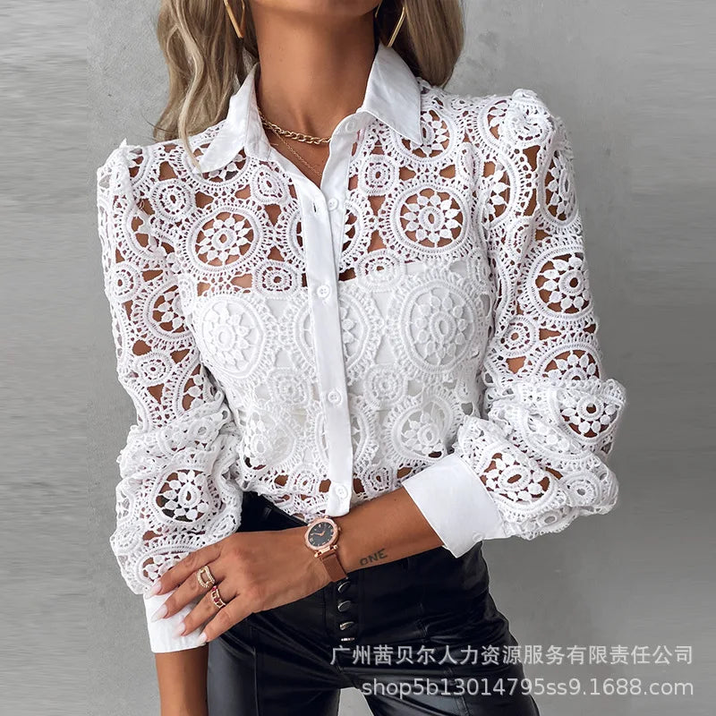 Lace Blouses For Women Elegant Office White Shirt Long Sleeve
