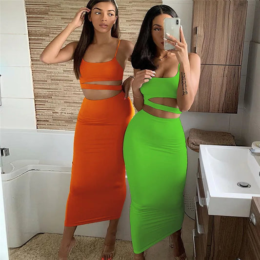 Female Clothing Sexy Pleated Hollowout Two-piece Dress