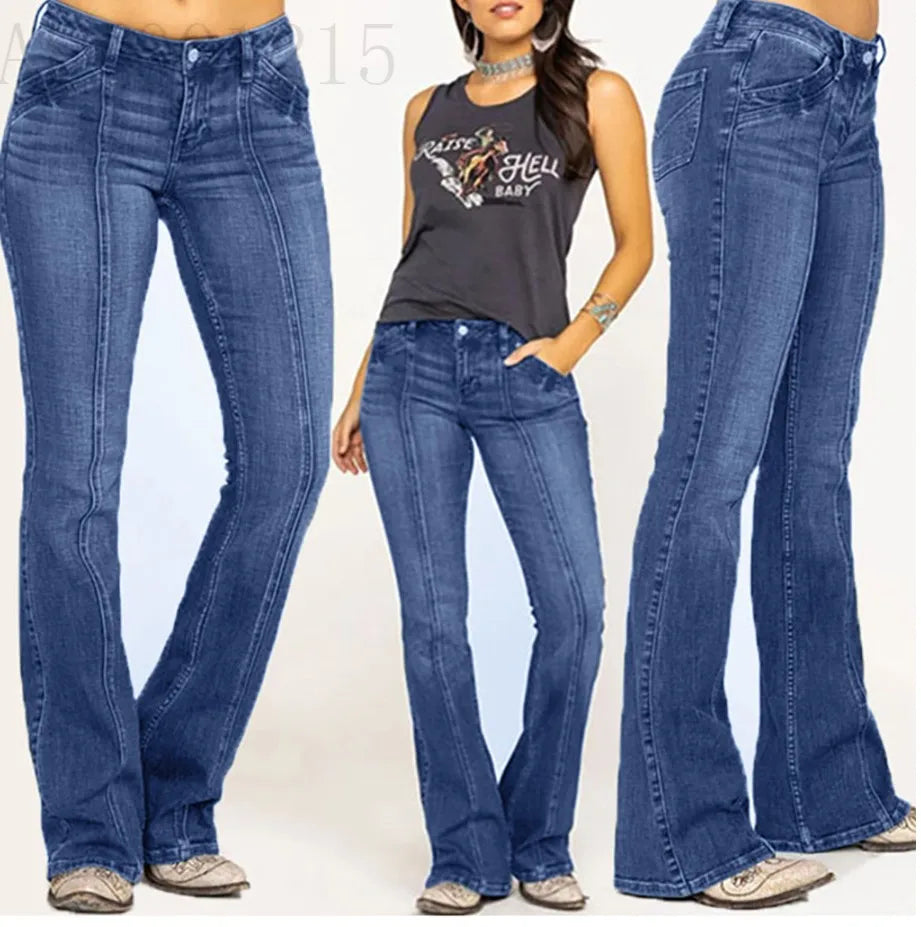 Women's Retro Washed Low Waisted Flared Jeans