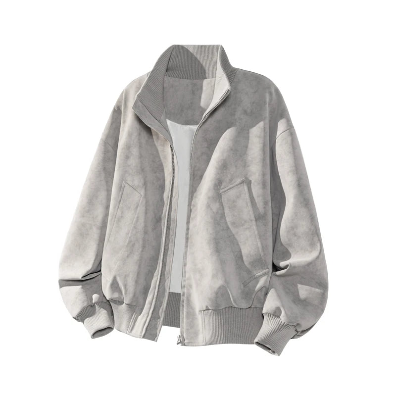 Vintage Tie-Dye Suede Jacket Men Bomber Jacket Oversized Boxy Fit Vintage Washed Texture