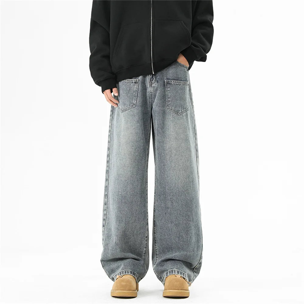 Wide-leg retro washed denim pants for men,