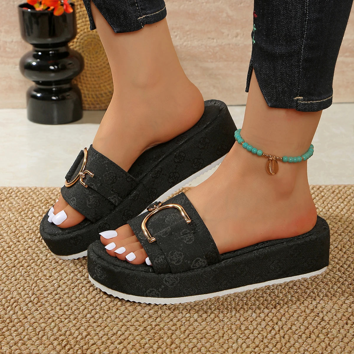Women Platform Slippers Flat Sandals Outdoor Floral Shoes