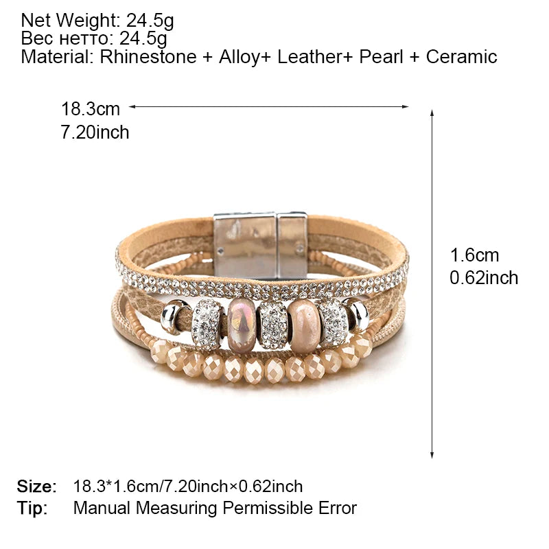 Greatera Sparkling Leather Vintage Pearl Multi-layered Magnetic Buckle Bracelet