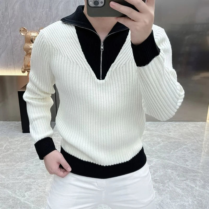 Black White r Business Casual Knitted Sweater Half Zipper Polo