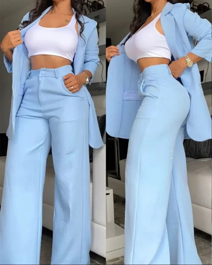 Women Two Piece Set  Single Breasted Tracksuit Outerwear Ankle Length Straight Pockets Set