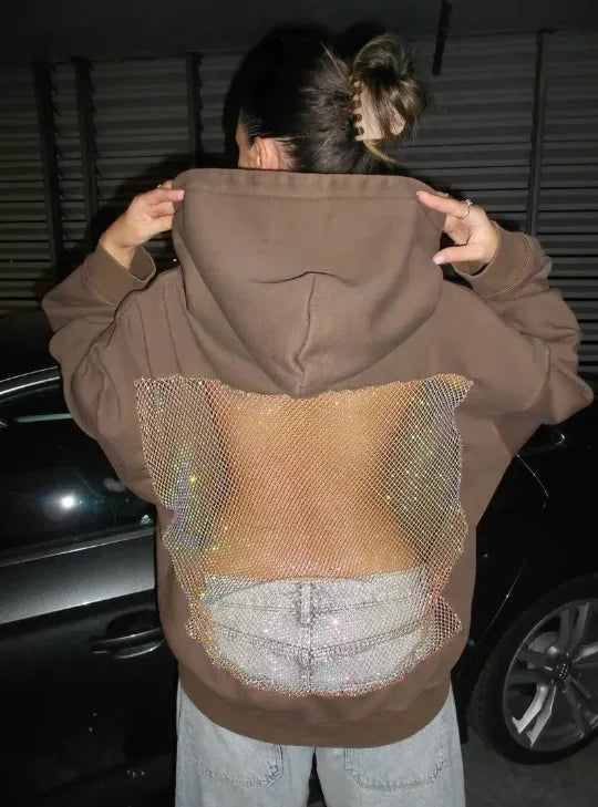 Casual Women's Hoodie Backless Design with A Sheer Mesh Panel and Functional Pockets