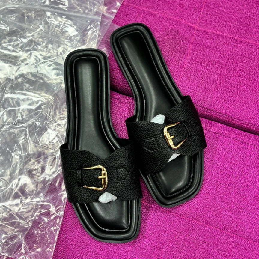 Flat Slides for Women Metal Buckle Strap Slippers