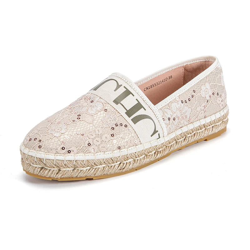 Exquisite Craftsmanship Women's Loafers Lace-up Flats Sparkling Loafers Handmade Grass Woven Soles