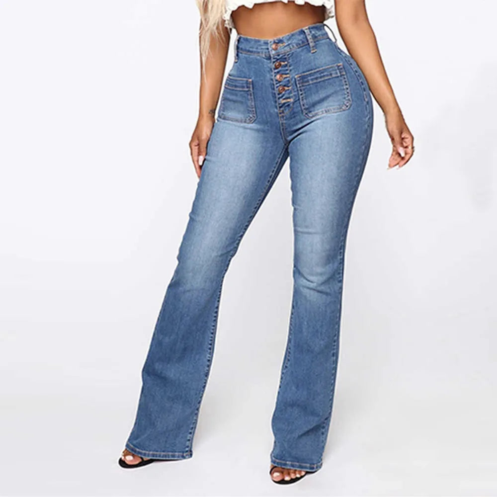 Women‘s Washed Denim Jeans - Button Fly Pants with Classic Patch Pockets