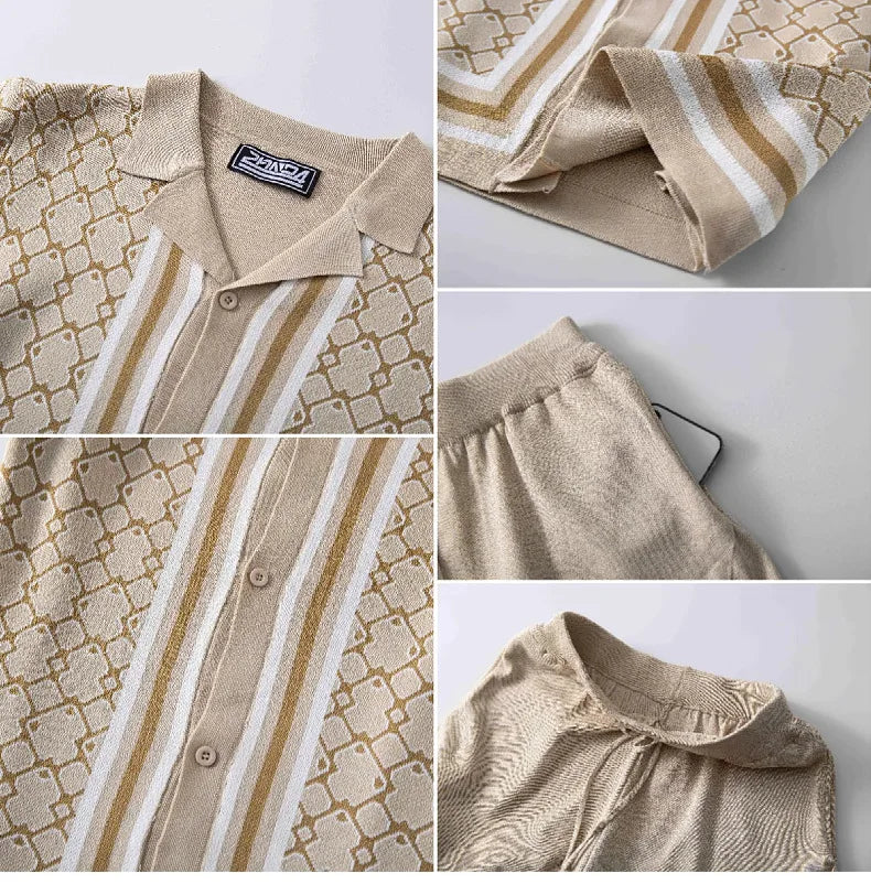 High-quality Jacquard Knitted Suits for Men Collar Knitted Shorts Sets