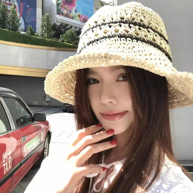 Ladies Floppy Straw Hats Wide Brim Beach Foldable Straw Sun Cap