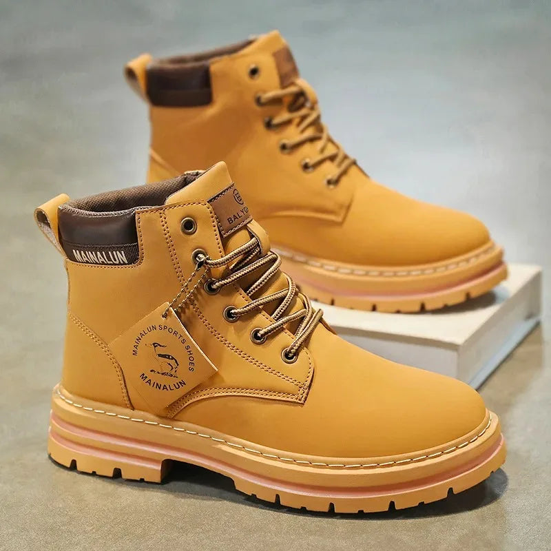 Men's High Top Boots High Quality Casual Leather Boots Lace Up Men Ankle Non-Slip Boot