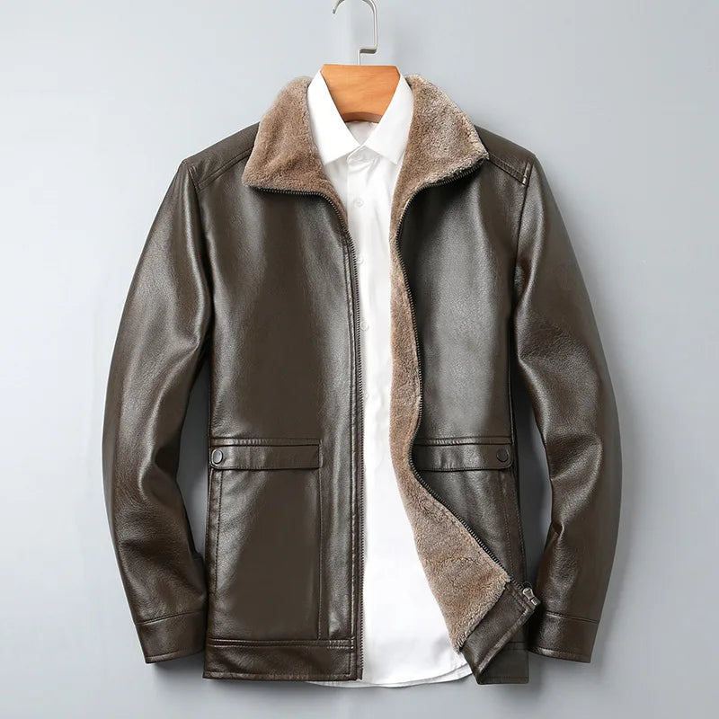 PU Jacket Fleece Liner Warm Solid Faux Leather
