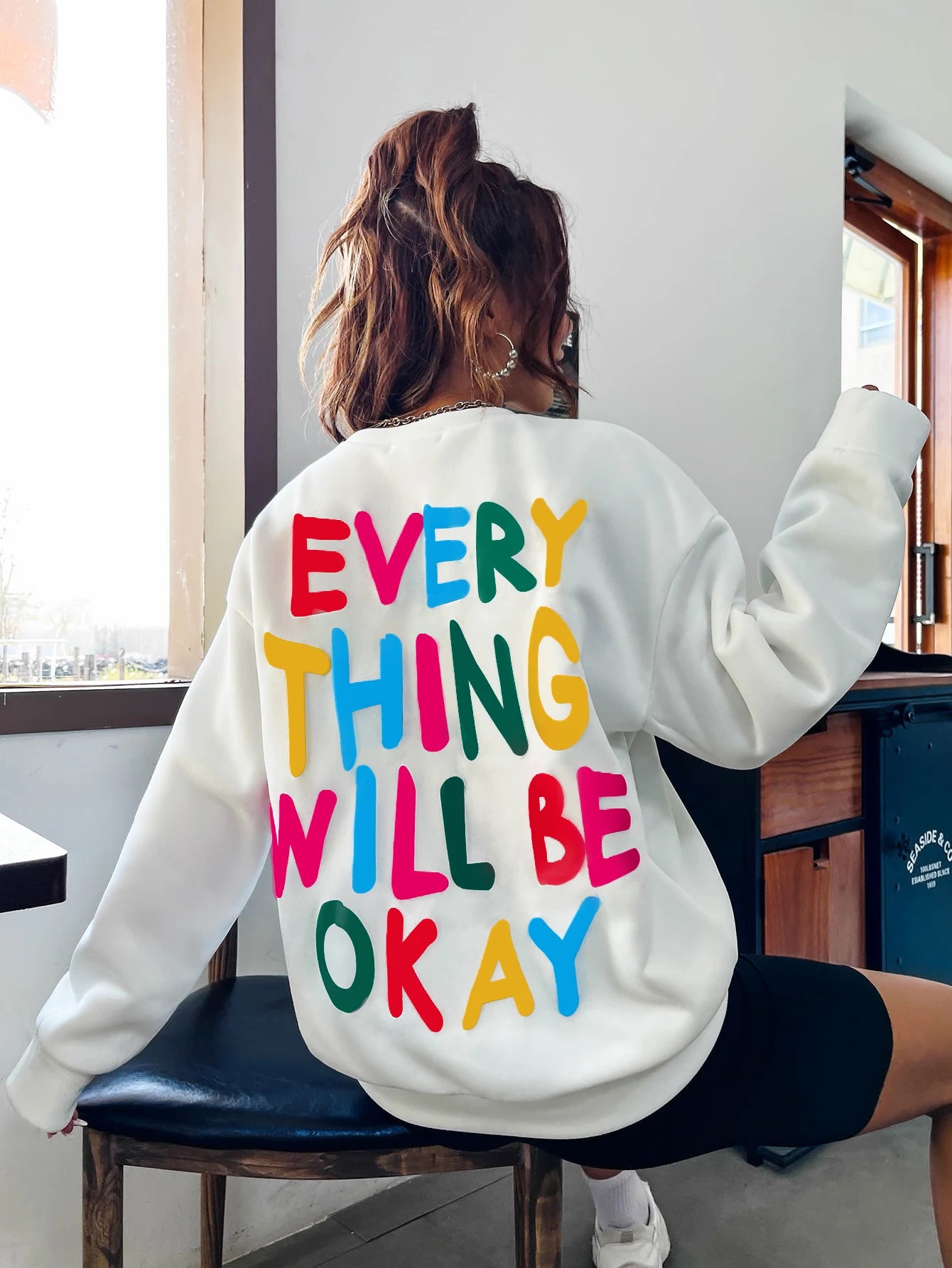 Woman's Sweatshirt  Letter Printed Pullover Loose Warm Crewneck Hoodies