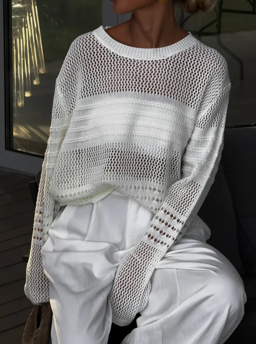 Women's Knit Top Loose Fit Crochet See Through Blouse