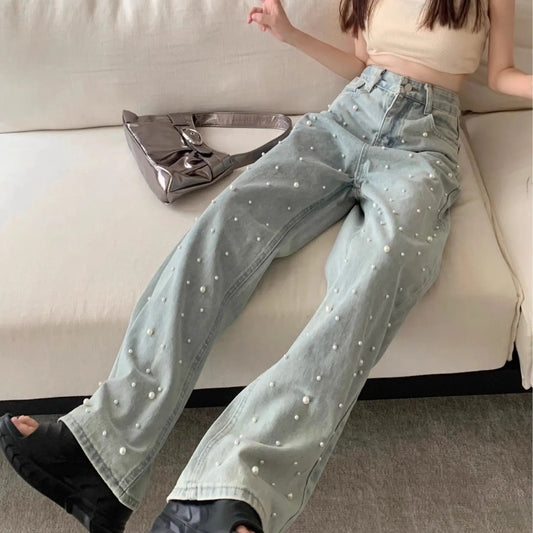 Women's Jeans High Waist Straight Blue Beaded Pearls Denim Pants