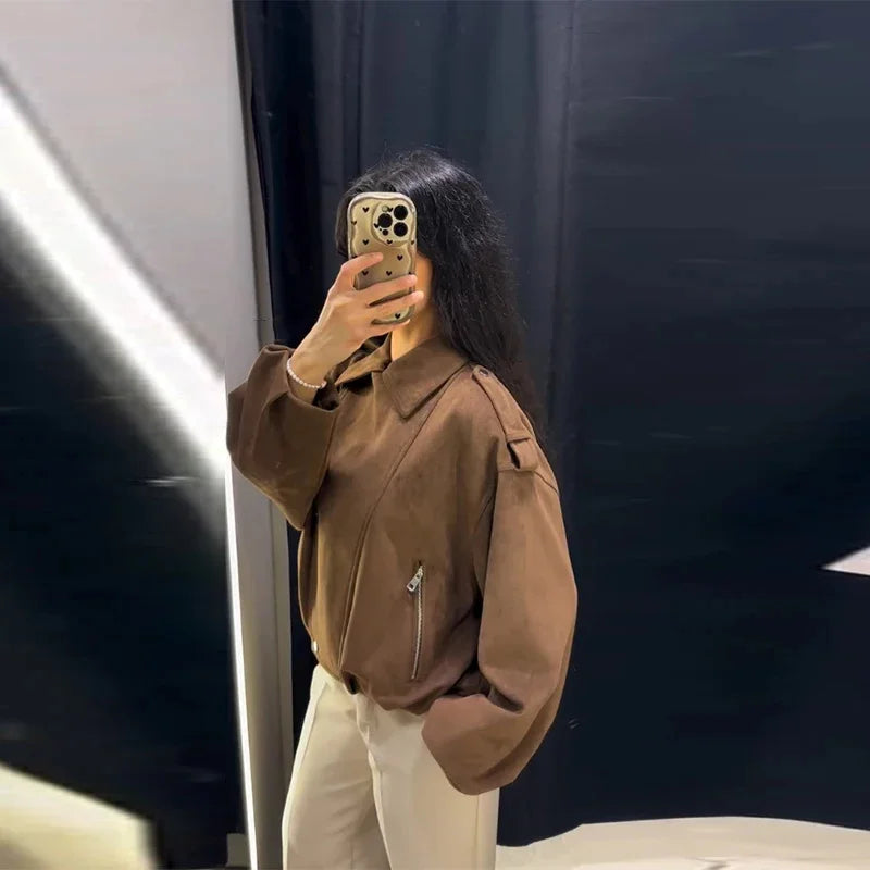 New Style Brown Long Sleeve Suede Effect Loose Biker Style Jacket