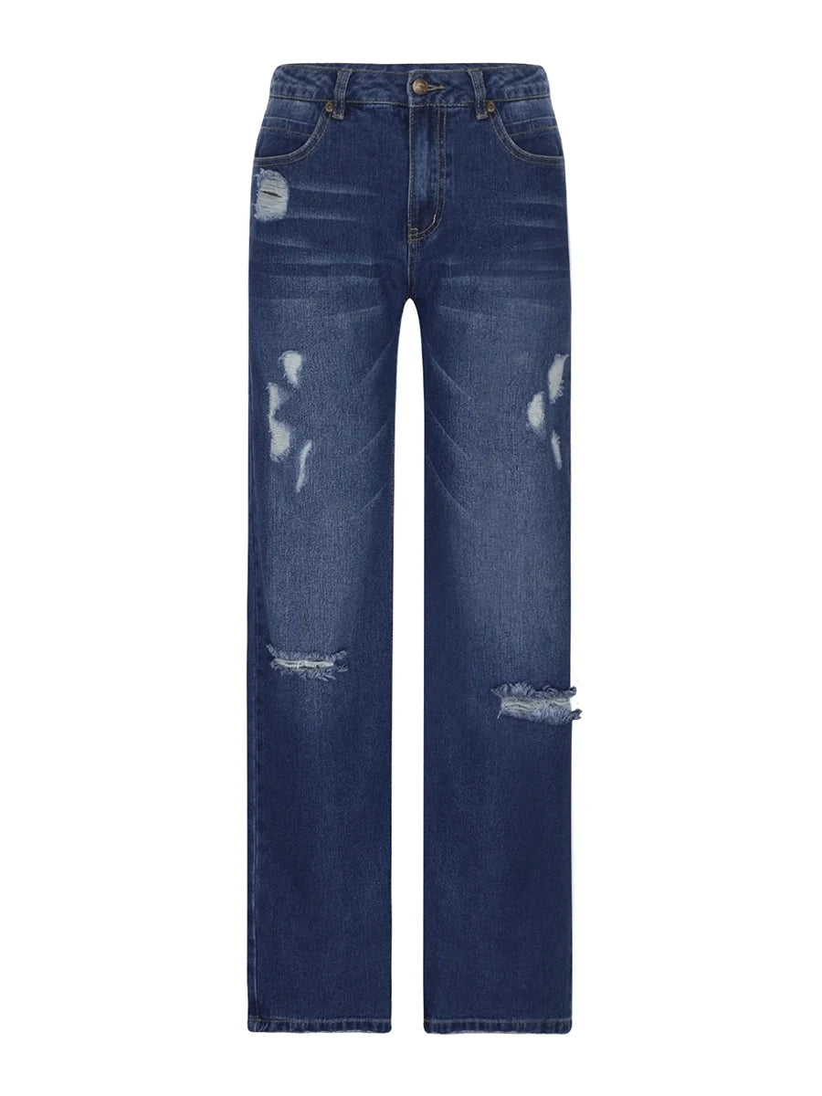 Women Men Denim Pants Casual Ripped Loose Straight Leg Jeans