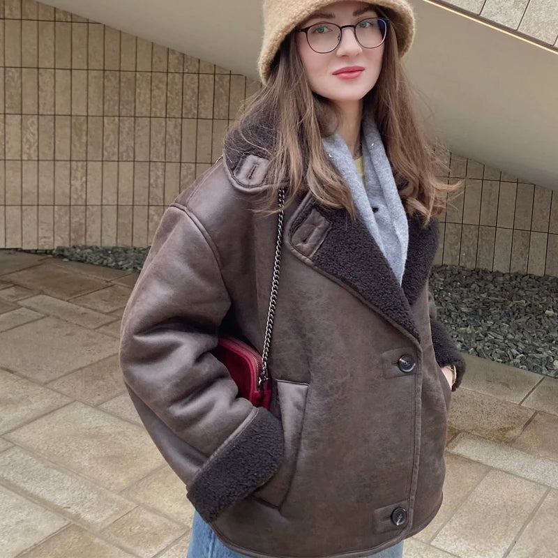 Faux Leather Jackets For Women Long Sleeve Demi-Season Plush Jacket