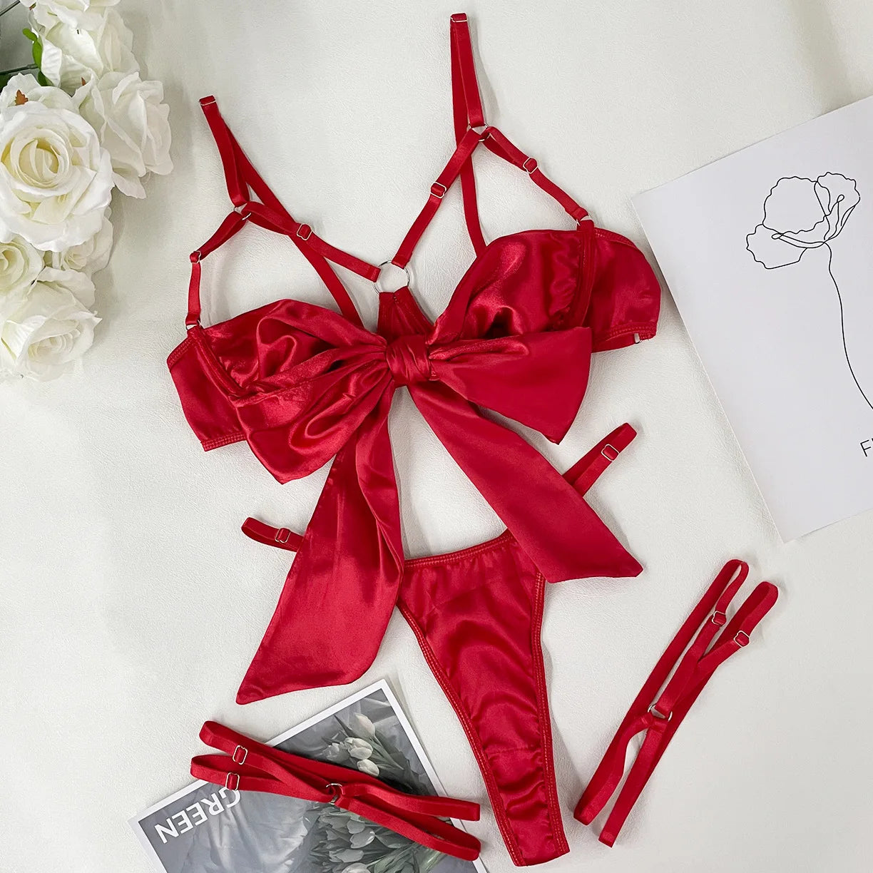 Women's 3 Piece Lingerie Set Sexy Hollow Out Satin